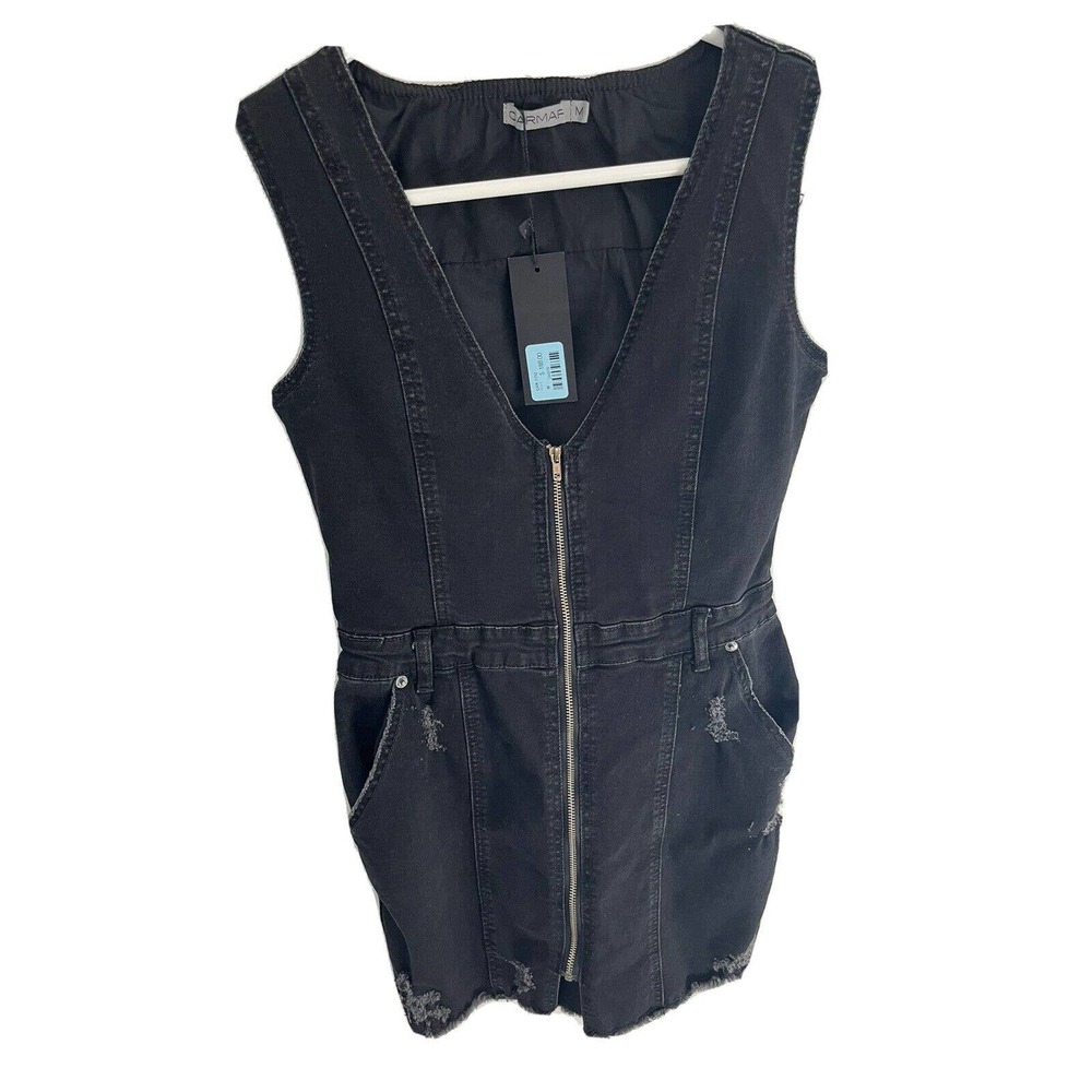 NEW! LF CARMAR Black Denim Zip Up Dress. Soft Stone Washed Ripped. Size M-Medium